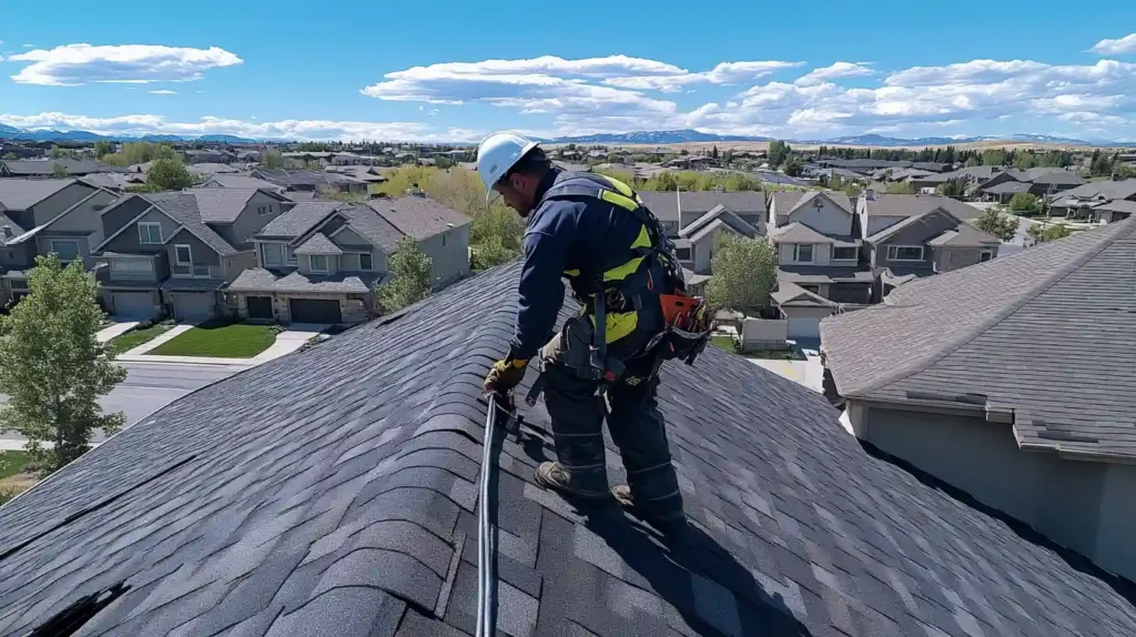 Contractor using a drill for roof installation